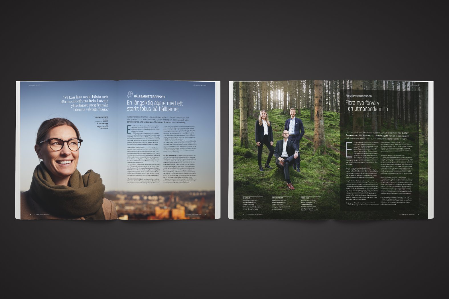 Två uppslag ur tryckt exemplar av hållbarhetsrapport med storytelling som inspiration